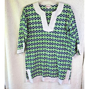 Top It Off 100% cotton Green & Navy Tunic Top Size S/M‎ 3/4 Sleeve Boho
